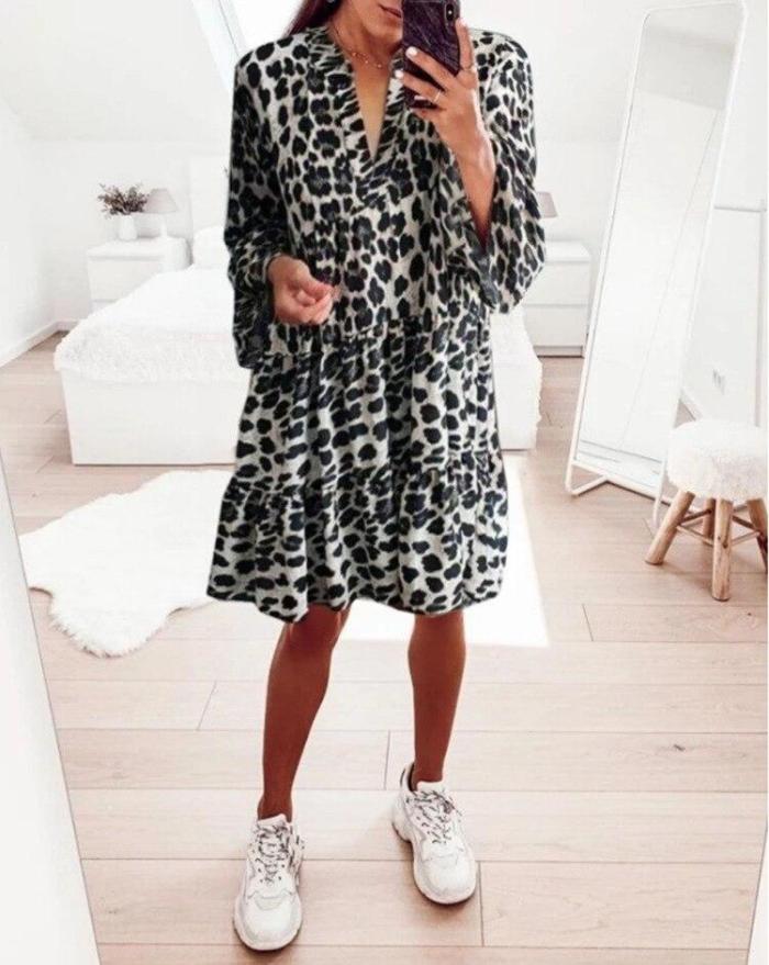 Holiday Outing Travel Long Dress Women Leopard Print Loose Flare Sleeve Casual Dress