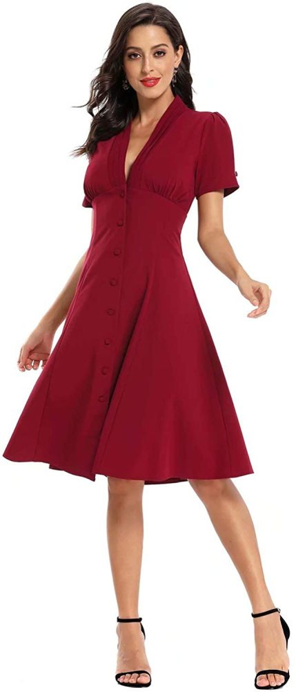 Women's Retro V Neck Vintage Style Cocktail Party Swing Dress with Button Design