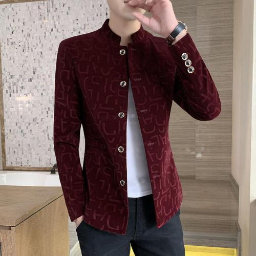 Chinese Style Stand Collar Red Velvet Blazer Men Soft Slim Fit Suit Blazer Jacket Men Banquet Party Fashion Men Blazer Hombre