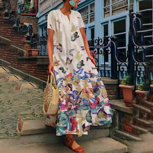 Women's Print Sundress Casual Short Sleeve O Neck Robe Femme OversizedMaxi Dresses
