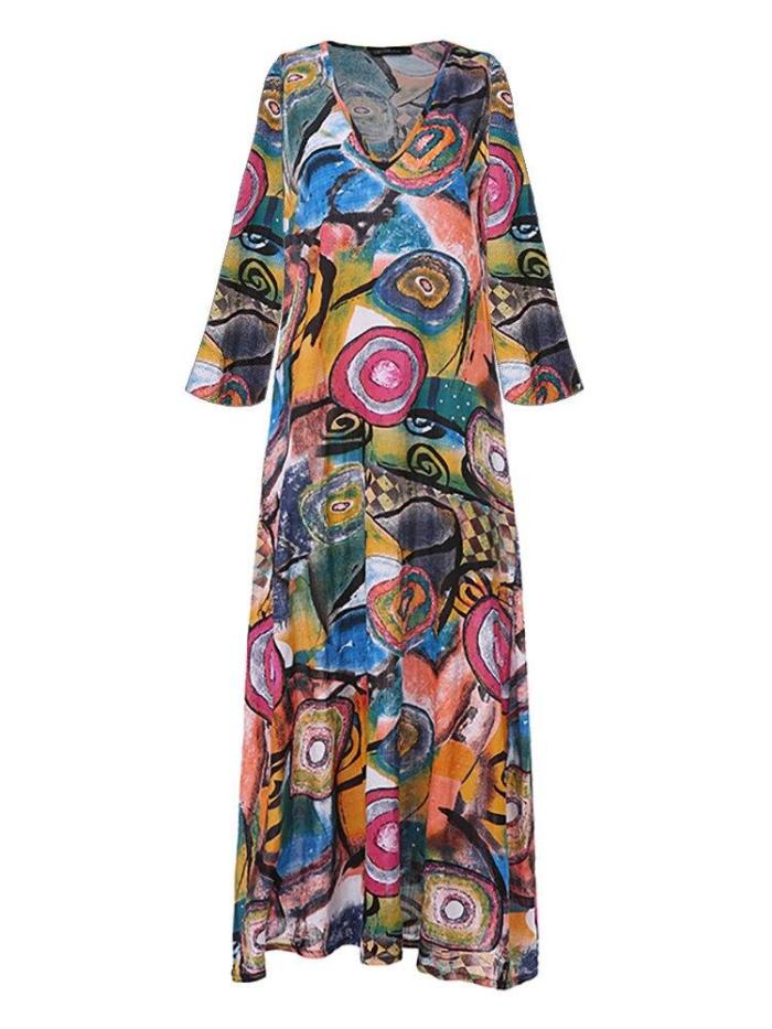 Plus Size 5XL Vintage Dress Woman's Dress Summer Maxi Dress V Neck Ankle Length Casual Boho Beach Woman Dress Femme Robe Vestido