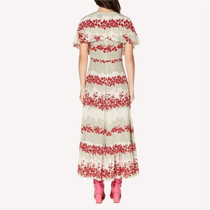 Fashion Floral Printed Round Neck Short-Sleeved Ruffled Slim Dresses Evening Dress