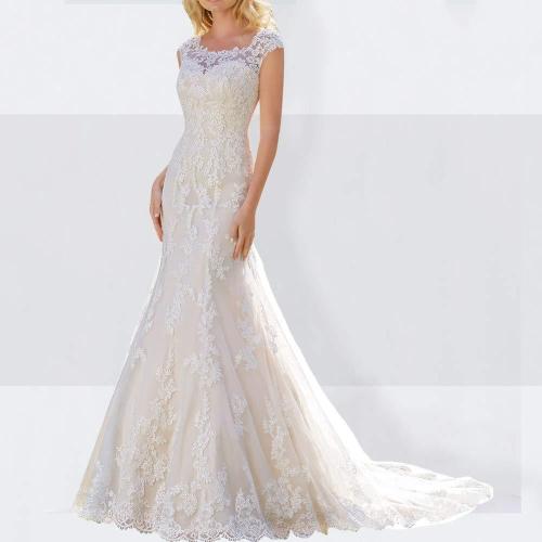 Mermaid Lace Applique Beading Scoop Court Train Floor length Bridal Gown Wedding Dresses Plus Size Zipper