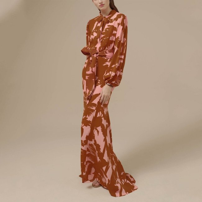 Fashion Temperament Belt Printing Long-Sleeved Maxi Dress Evening Dress