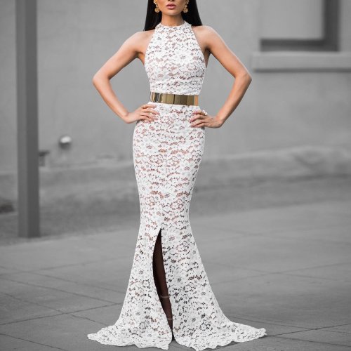 Fashion Round Neck Lace Split Tight Evening Gown