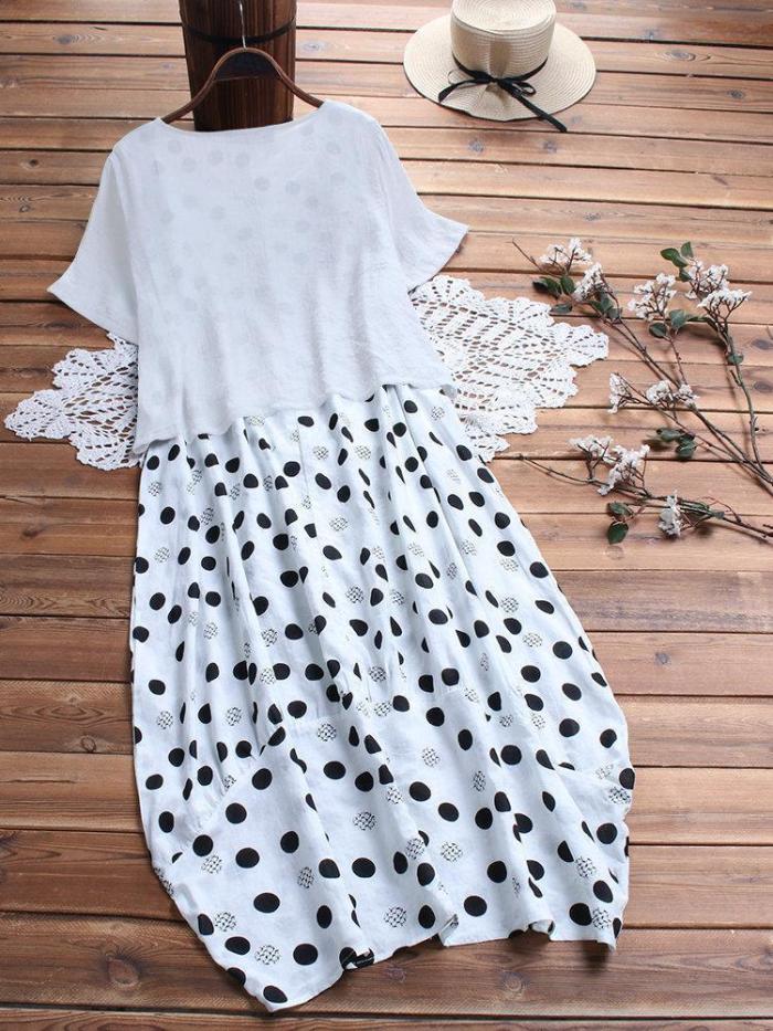 Polka Dot Two Pieces Short Sleeve Loose Plus Size Maxi Dress
