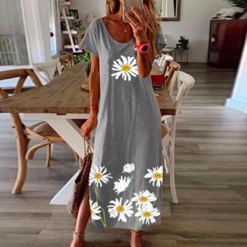 Daisy Butterfly Print Dress Elegant O Neck Short Sleeve Party Casual Maxi Dress