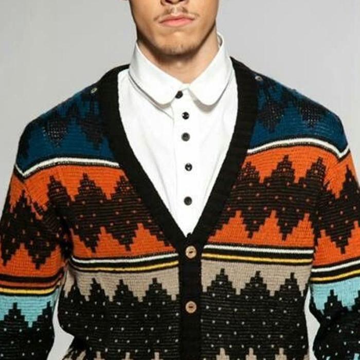 Men's V-Collar Long Sleeved Jacquard Weave Knitted Sweater