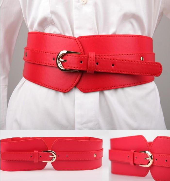 Women Wide Elastic Corset Belts for dress Fashion buckle Waistband Ladies Clothing Accesoories Female Decorations red PU leather
