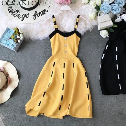 JOYMANMALL Chic Korean A-line Women Dress High Waist Knitting Vestidos Buttons 2020 Summer Elegant Fashion Mini Dresses 11923
