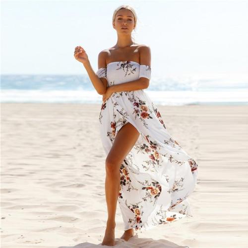 chiffon long dress Women Off Shoulder maxi dresses vestidos Sexy white split beach summer dress Boho Style