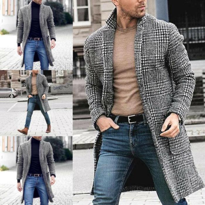 Men Classic Plaid Wool Blends Coat Outwear Mens Fashion Long Sleeve Wool Trench Coat Winter Warm Long Overcoat Coat