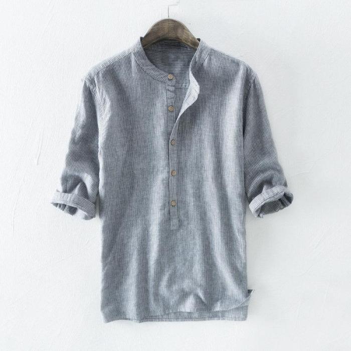 Mens Breathable Striped Printed Half Sleeve Loose Casual Buttons T-shirts