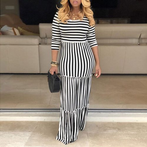 Plus Size Casual Sexy 3/4 Sleeve O-Neck Striped Print Holiday Ruffled Long Maxi Dress Summer Maxi Dresses