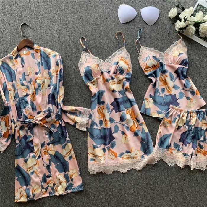 Pajama Women's Four-piece Summer Silk Sexy Halter Nightgown Dress Gown with Long Sleeves Printed for Home Wear Pijamas Dress