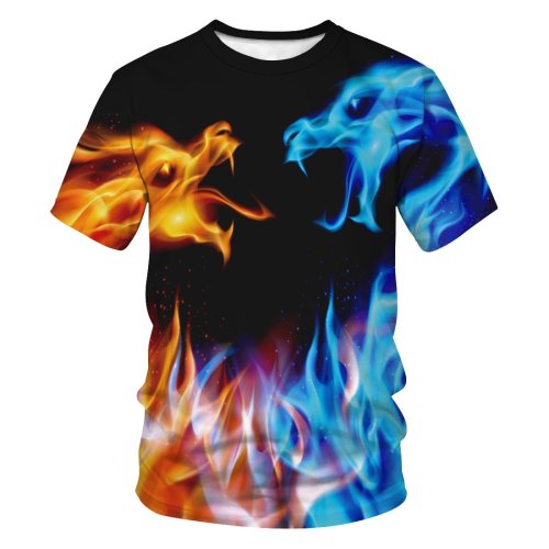 3D Flame Dinosaur Printed Funny Men T-shirt Loose Casual Novelty Short Sleeve Tees Top