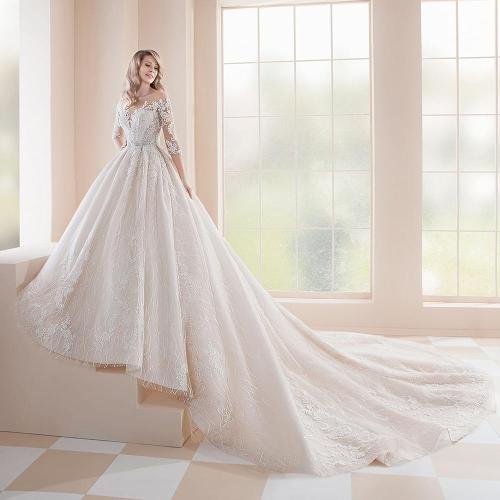 2020 Princess Wedding Dresses Vestidos De Casamento Three Quarter Sleeve Button Up Back Beading Crystal Appliques Lace Gowns