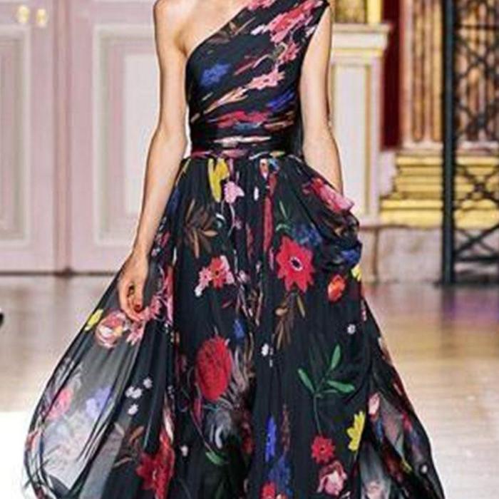 Fashion Single Printed Chiffon Maxi Dress