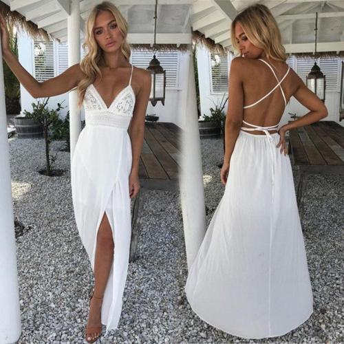 Boho Women's Beach Sexy Summer Dress Fashion Floral Dress Solid White V-neckline Deep Waist High Ankle-Length Dress Robe Femme