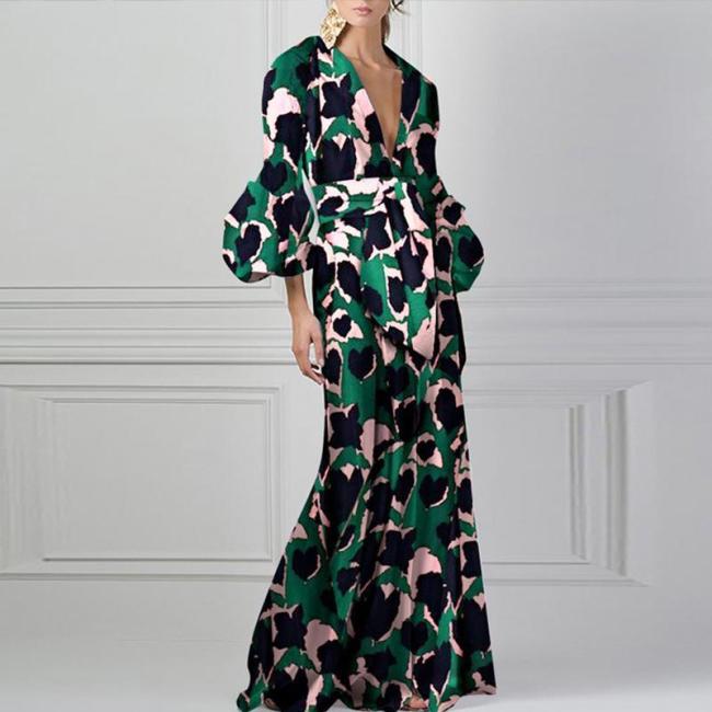 Floral Print V-Neck Fashion Puff Sleeve Dress