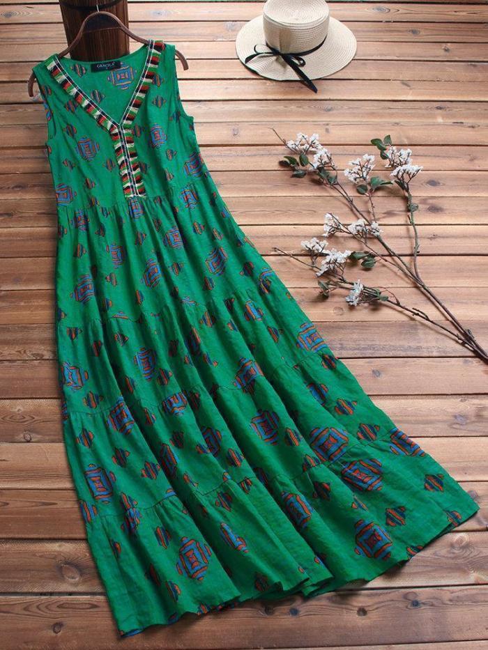 Vintage Ethnic Print Sleeveless V Neck Maxi Dress