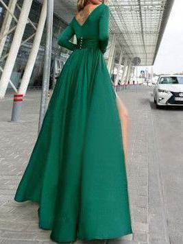 V-Neck Long Sleevethe Sides Split Maxi Dress