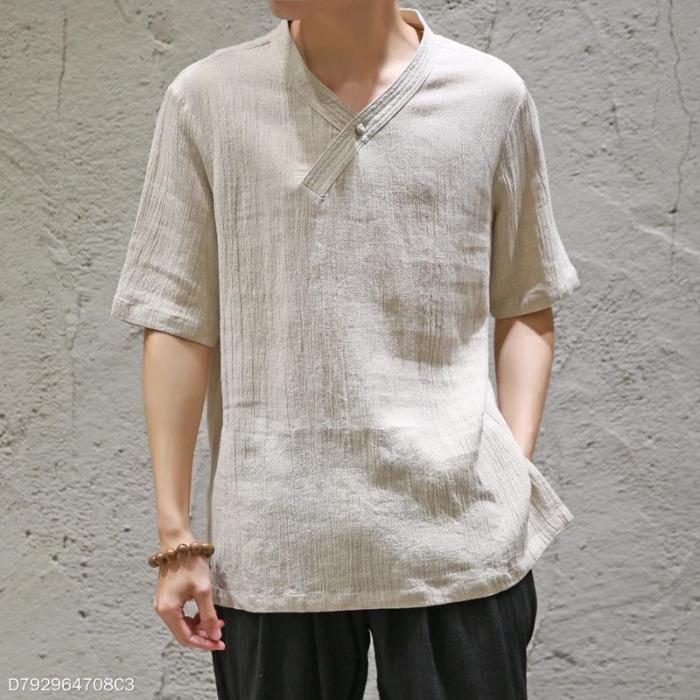 Casual Loose Plain Cotton And Linen Shirt