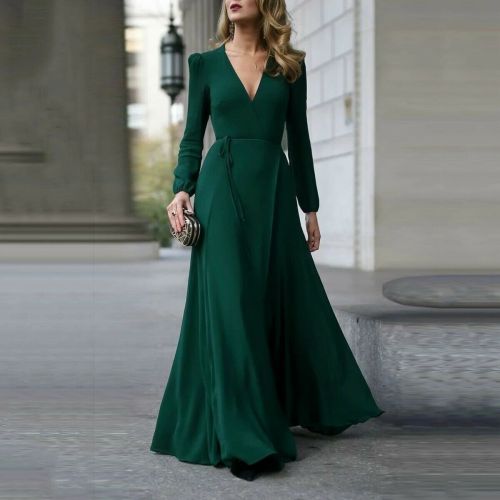 Newly Women Sexy Formal Maxi Dress V Neck Long Sleeve Elegant Tunic Solid Color Evening Party Prom Formal Gown Ladies