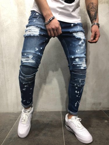 Slim-Fit Stretch Jeans, Hole Painting, White Trousers, Pleated Feet Pants