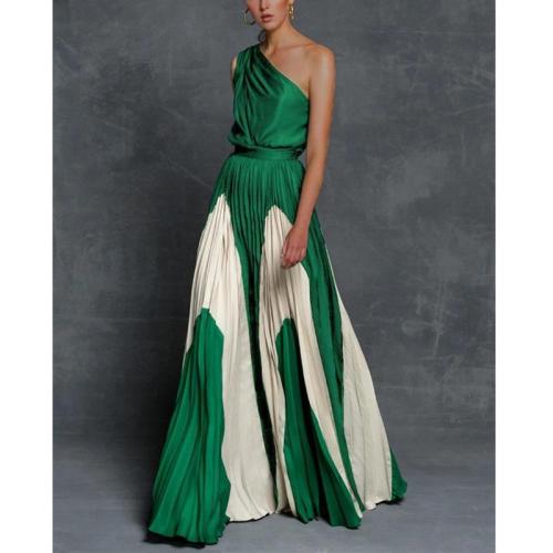 One Shoulder Color Matching Maxi Dresses High Waisted Long Pleated Bohemian Maxi Dresses