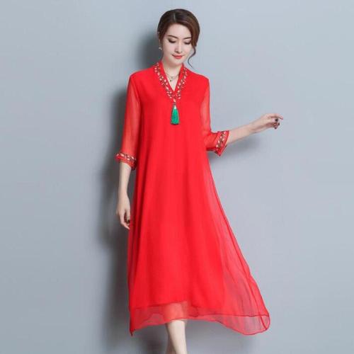 Summer dress new plus size Chinese style Silk chiffon dresses 2018 red loose elegant Party Dress women's clothing size M to 3XL