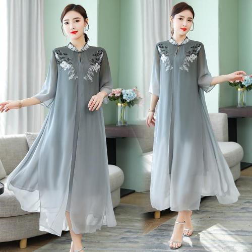 Silk dress 2020 summer new retro print fake two-piece gray vestidos large size M-4XL high quality fashion elegant Dresses