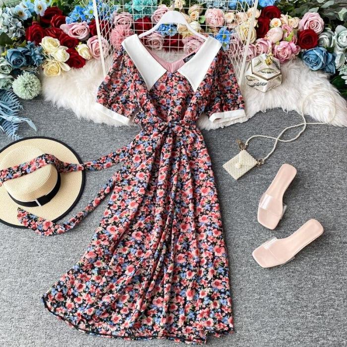 JOYMANMALL Women Summer Floral Midi Dress Korean Vintage Peter Pan Collar A-line Dress Casual Vacation Boho Print Beach Sundress