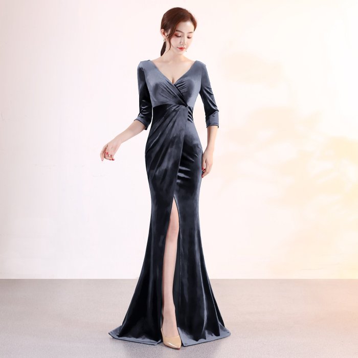 fashion elegant velvet Evening dress V-neck long sleeve party elegant evening gowns Mermaid Open fork evening dresses