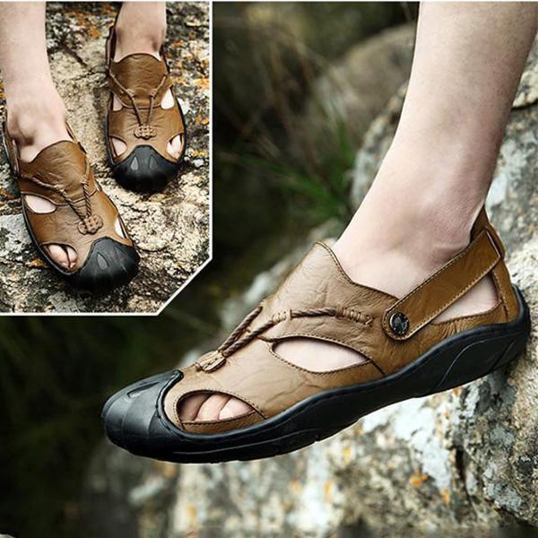 Men Comfortable Anti Collision Toe Genuine Leather Sandals Shoes