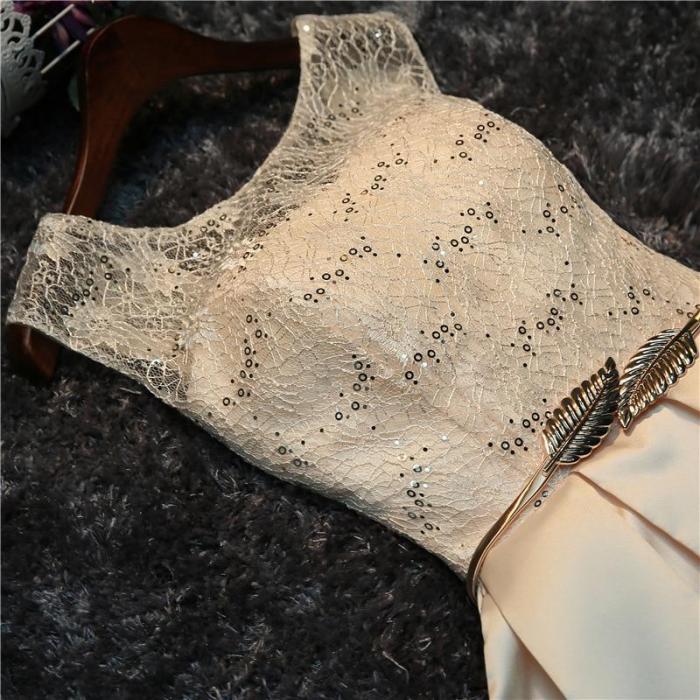 Classic Champagne With Metal Leaf Belt Short Evening Dress Sweet O Neck Lace Sequin Sleeveless Simple Evening Gown Robe Soiree L
