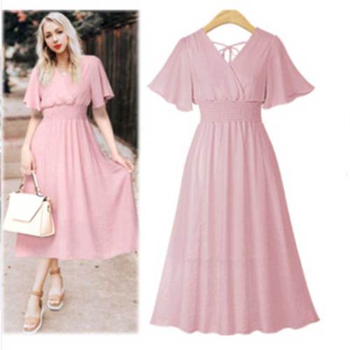 liva girl 2019 V Neck Chiffon pink Dress Summer Women Medium Long Slim Retro Dress Lotus Leaf Beach Dress black white dress