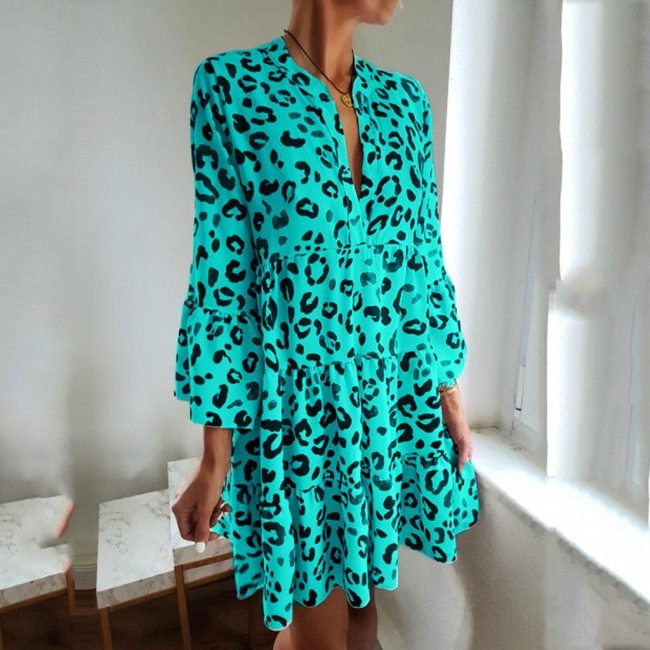 V-Neck Leopard Print Draped Mini Dress Spring Long Sleeve Ruffled Hem Flare Sleeve Mini Dress
