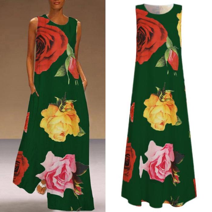Dress 2020 Women Casual O Neck Sleeveless Dresses Plus Size Vintage Floral Printed Maxi Dresses