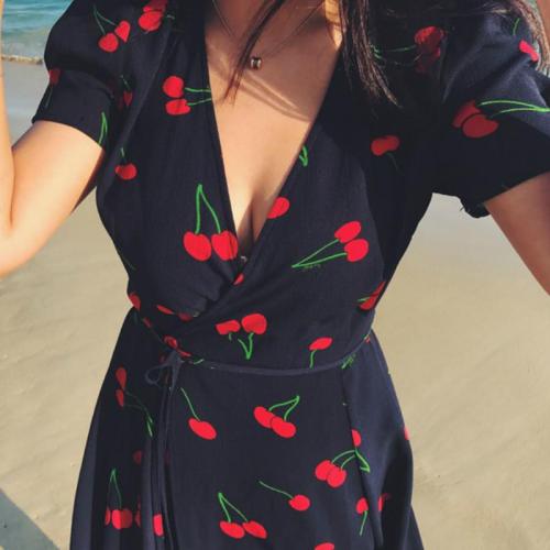 Plus Size Women Dress Cherry Print Short Sleeve Vintage French Dress V-neck Midi Dress Chiffon Summer Dress Vestidos 2019 S-4XL