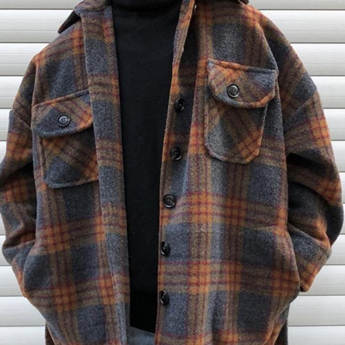 Winter Woolen Coat Men Warm Overcoat Fashion Retro Hit Color Tartan Woolen Jacket Men Streetwear Loose Long Woolen Jacket Man