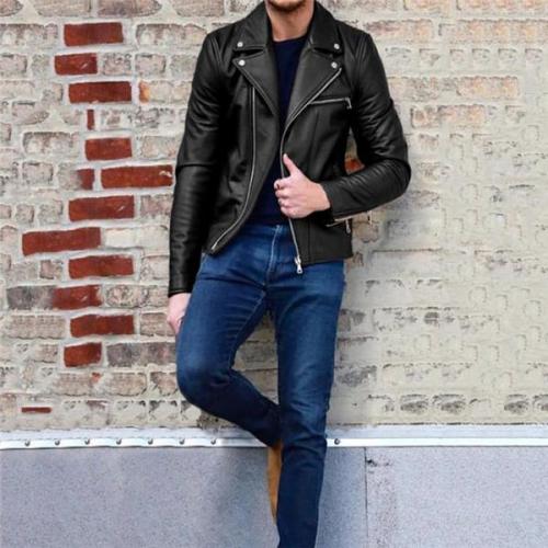 Stylish Casual Youth Slim Plain Zipper Wide Lapel Long Sleeve Leather Jacket Outerwear