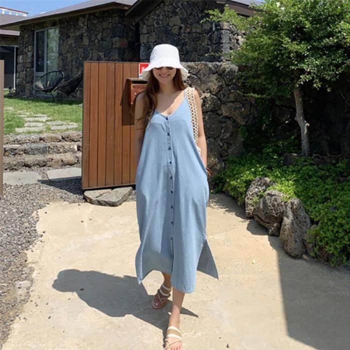 2020 Women Denim Sundress Summer Holiday V-Neck Single Breasted Casual Sleeveless Pockets Slit Long Maxi Dresses