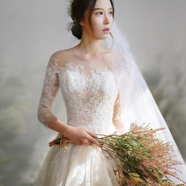 2019 Wedding Dress Lace Three Quarter Sleeves Sweep/ Brush Train Crost Back Ball Gown Princess Vintage Bride Dress