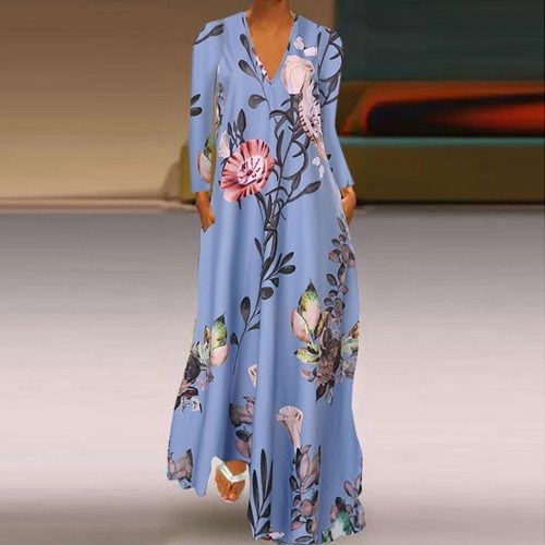 Casual Plus Size 5XL Women Dress V-Neck Flower Print Long Sleeve Loose Party Maxi Dresses