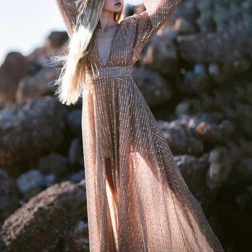 V-neck Long-sleeved Patchwork Mesh Sequin Dress