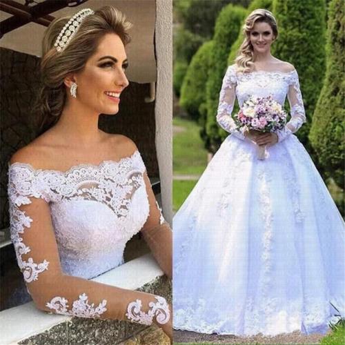 Vestido De Noiva Princess Wedding Dresses 2020 Garden Off Shoulder Sheer Long Sleeve Beaded Arabic Robe De Mariage Bridal Gown