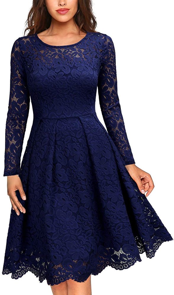 MISSMAY Women's Vintage Floral Lace Long Sleeve Boat Neck Cocktail Party Swing Dress