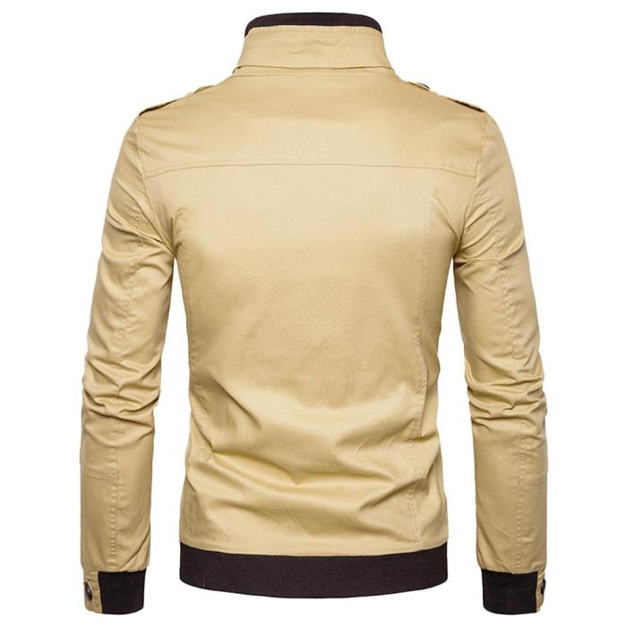Men's Solid Color Epaulet Design Pockets Zip Up Cargo Jacket