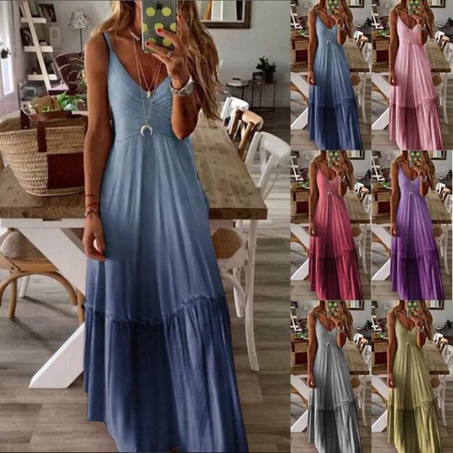 2020 New European Long Dress V-neck Sexy Gradient Floral Dot Print Casual Dresses